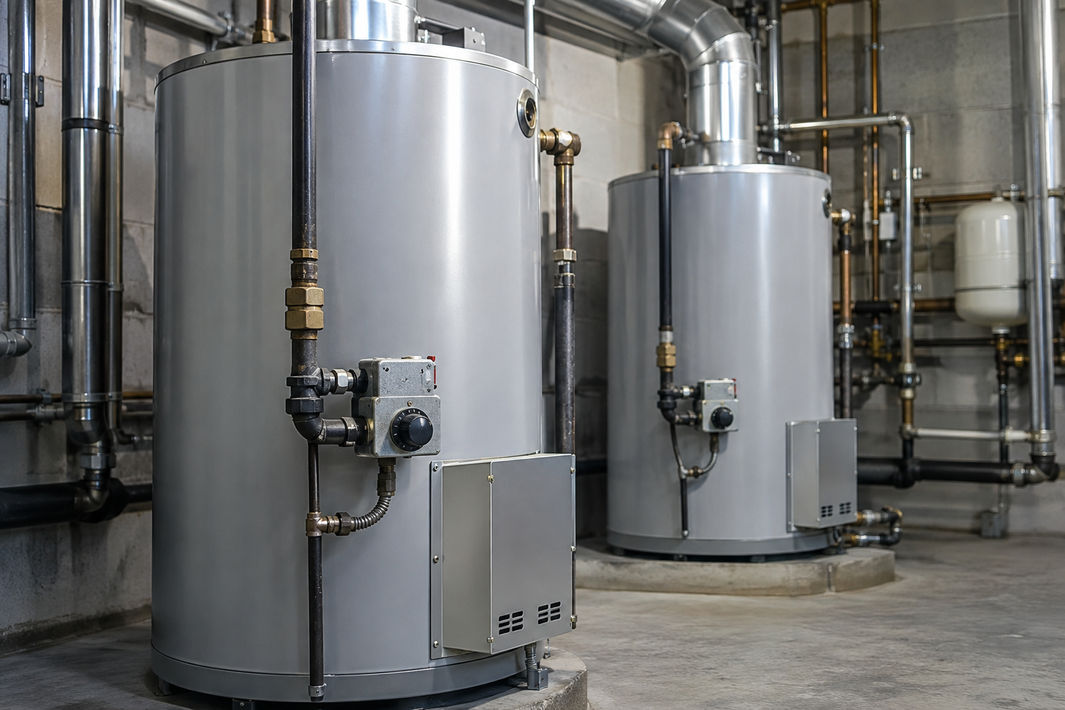 Commercial-sized gas water heaters in a mechanical room