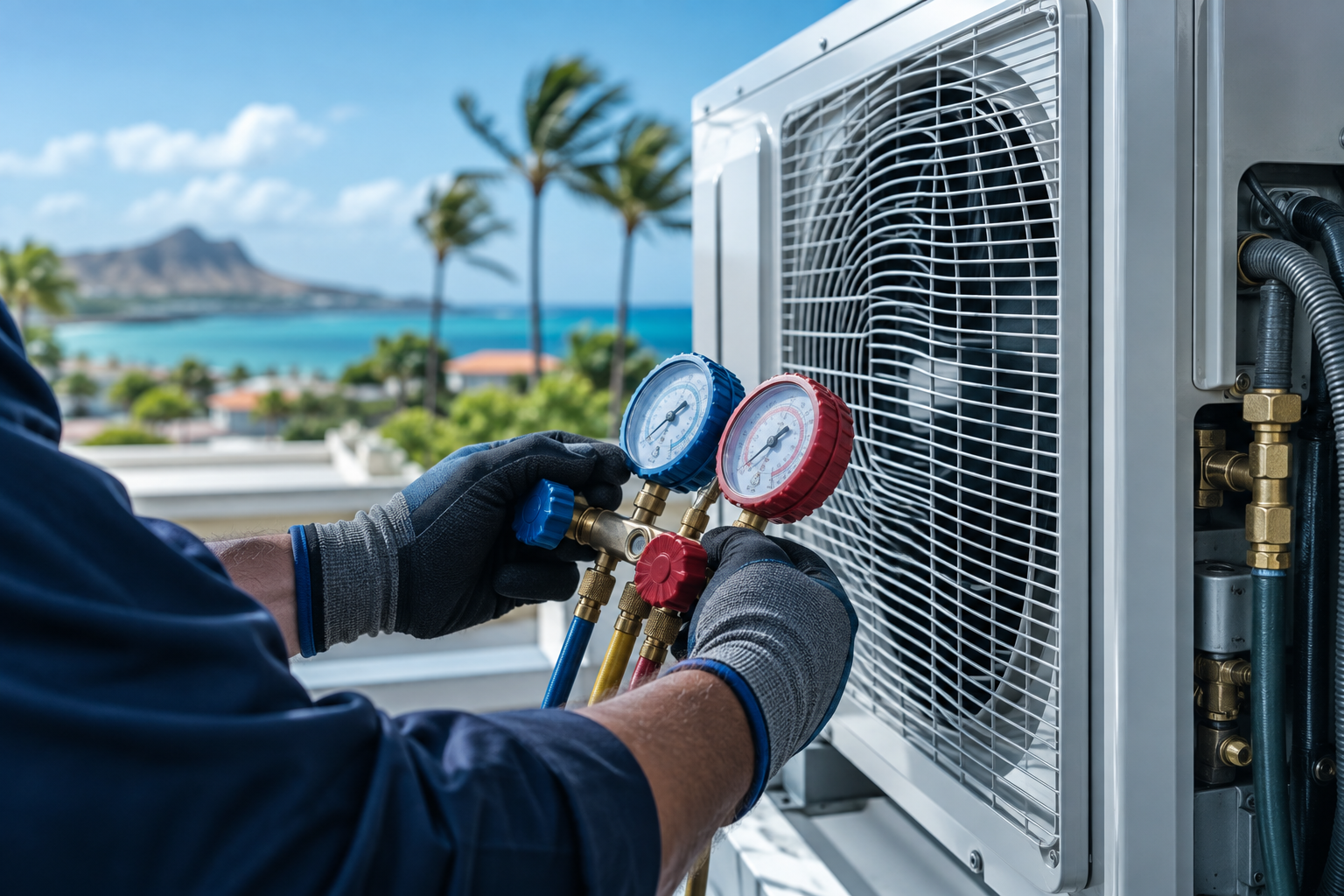 Air-conditioning equipment being checked with service gauges